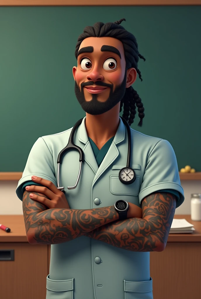 Animated style image of a veterinarian, man, dark-skinned, using braids, with tattoos on their arms, in a classroom with a blackboard in the background