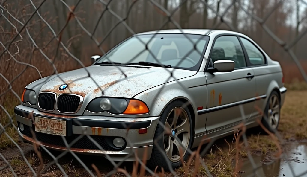 Im Stil von Pixar 3D-Animation filmen. dented and dirty silver BMW E46 Compact behind a chain link fence.