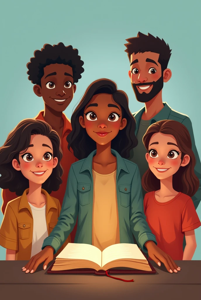 5 young men and women of different skin colors standing, with a bible in the background, pixar style