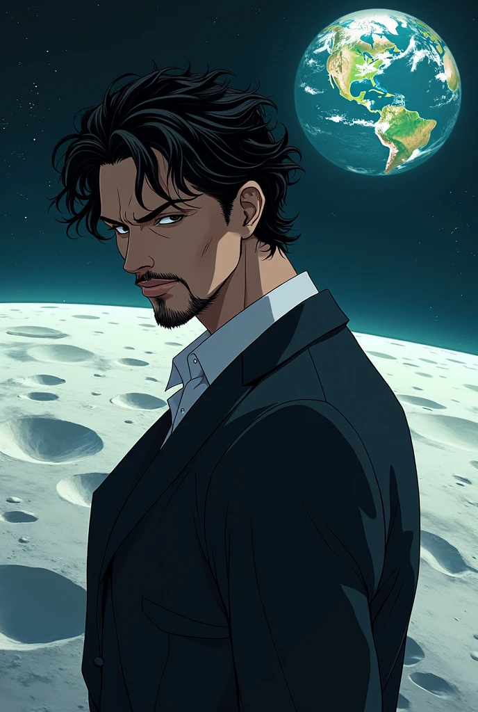 I want to create a 2D character, A strangely handsome man similar to Sanji from One Piece, but with curly, black hair and a goatee.,very realistic, in the moon's environment overlooking the earth,