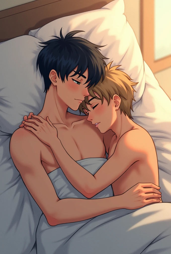 2 boys,Male couple,yaoi,sleeping with eyes closed, a boy with black hair, light blue eyes,and white skin,named Levi,Large size,A boy with brown hair, e light blue eyes, and white skin, mit Namen Hiki,little tannin,with a sweet face, Cuddling in bed.