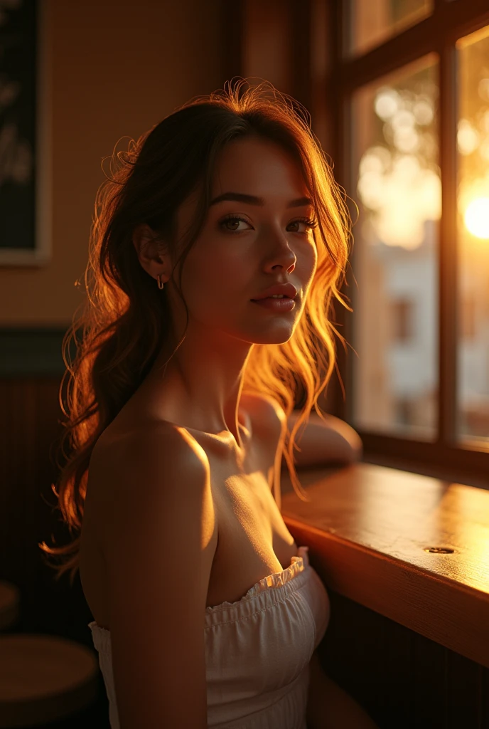 A beautiful woman leaning against the cafe counter, the soft, diffused sunlight from the setting sun casting a golden hue on her skin. The warm light accentuates the curves of her body, creating soft highlights on her face, detailed eyes, lips, and skin texture. The warm glow contrasts with the deep shadows in the cafe's cozy interior, enhancing her figure against the backdrop