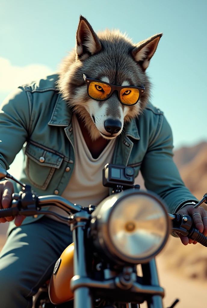Create a biker werewolf with a white shirt and a light blue denim jacket on top.,  who drives a chopper style motorcycle. Also add some yellow glasses for myopia. And he has a Go Pro recording it so he can upload videos to YouTube. 