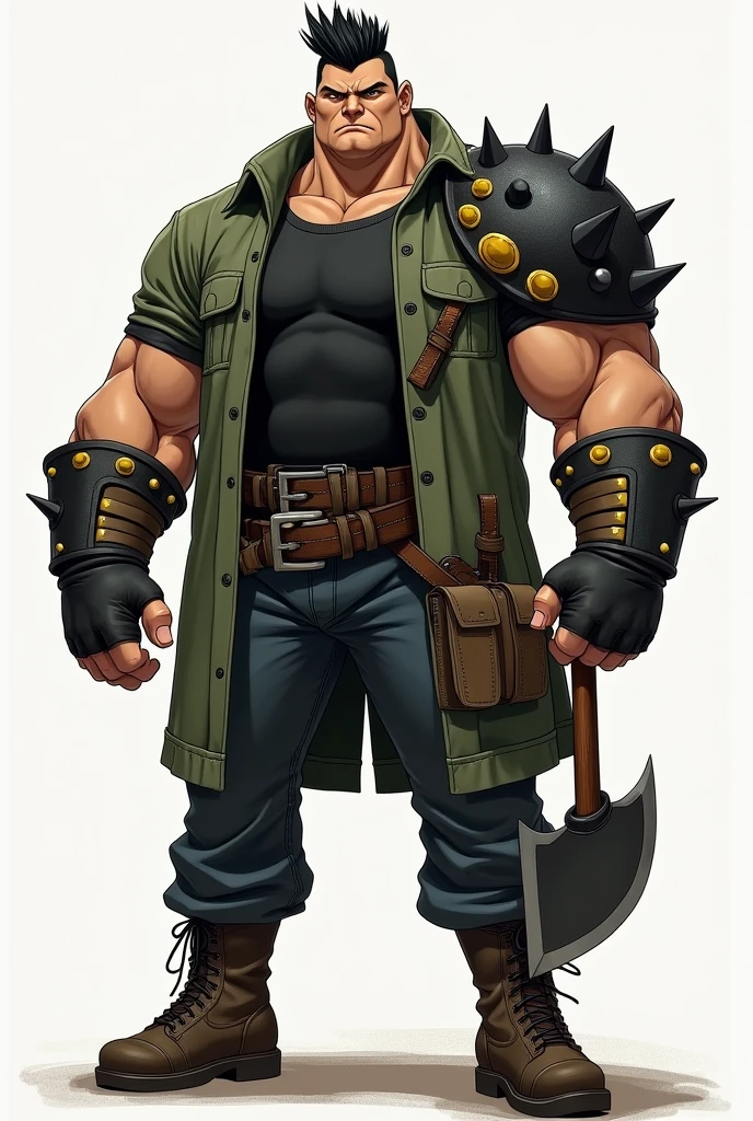 In the Human Comics style, create a character, Godri, a white boy, fat and wide but very strong and muscular, has a determined look and an imposing presence with straight, black hair combed upwards. He wears a short moss green coat and a black shirt underneath, dark jeans with round boots and steel toe, wears a black leather glove. He carries in his hands a large steel axe with black ruffs and gold details.
