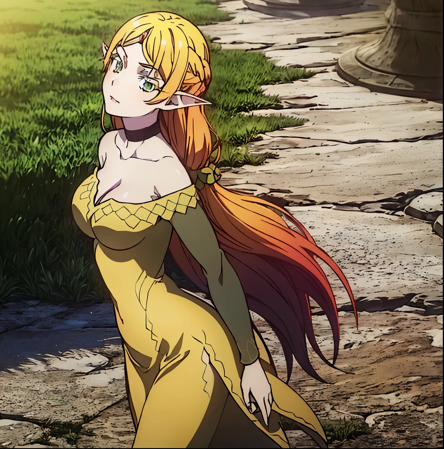 ((1girl)),((alone)),Sui tsundere elf,\(isekai ojisan\),(masterpiece), (best quality), (ultra detailed), (best illustration), (best shadow), (absurdities ), sharp focus, cowboy shot, atmospheric perspective, depth of field, dynamic posture, ((looking at viewer)), medium breasts, narrow waist, wide hips, wide thighs, round butt, erotic, romantic, (highly detailed eyes , lips 1.1), highly detailed eyes, eyes, Highly detailed face, Very beautiful face, Symmetrical face, Aesthetic face, perfect face, perfect eyes, detailed eyelashes: 1.5), full height, beautiful slim figure, femininity, expressive appearance, breasts elastic mediums, sexuality, parted lips, long hair, blonde hair, (green eyes: 1.5), pointed ears, elf, multicolored hair, jewel on the forehead, long sleeves, black sleeves, turtleneck jumpsuit, black pantyhose, sweater, (black sweater: 1.2), dress, (yellow dress: 1.5), curves, defined body, perfect and beautiful body, perfect and beautiful, closed mouth, mocking smile, embarrassed expression, (sexy pose: 1.2), ((solo) ), standing: 1.3,((outdoor, medieval landscape, plain, trees, castle, village, day, sunny)), Looking forward ,((focus on breasts:1.4)), point of view: (from above ), perfect anatomy, perfect hands