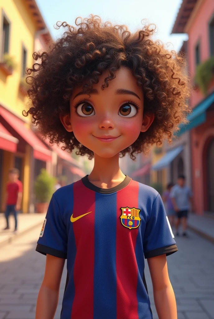 Curly brown girl with short hair and a Barcelona shirt