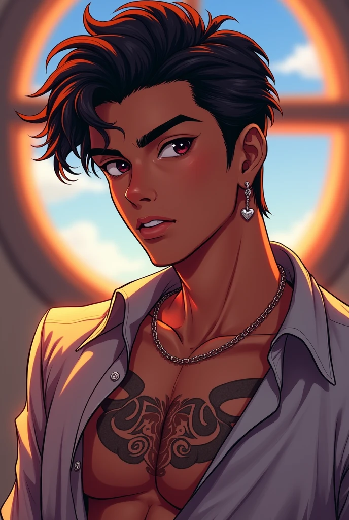 A flirtatious Indian boy with a pretty, masculine earring with a small heart and a glutton tattooed on his chest, saying Brayan, a masculine anime type 