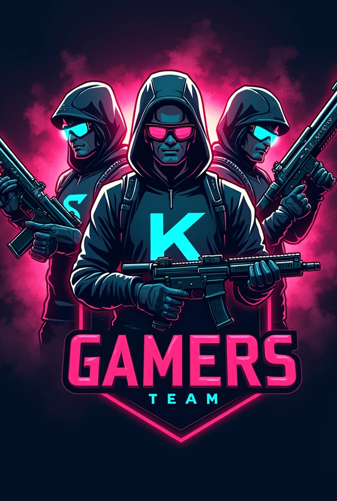 Gamer logo of three people with weapons and initials on their shirts (s)the other one (k) y the other one (D)