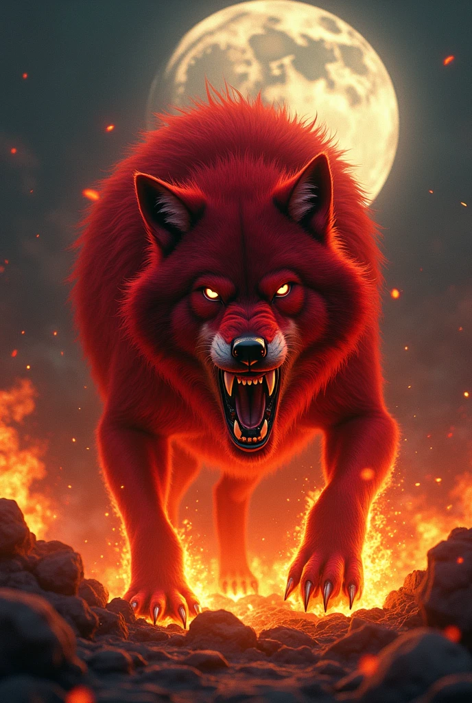 Red evil wolf with manicure on fire explosions night moon