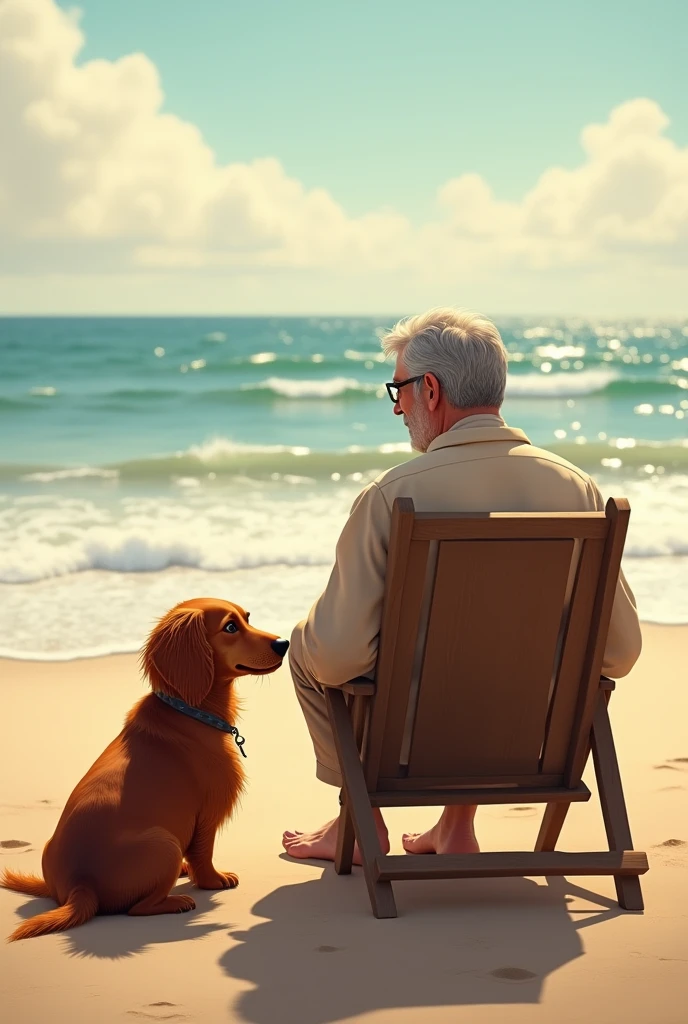 furry dachshund dog and his adult male owner sitting on beach chair looking at horizon 