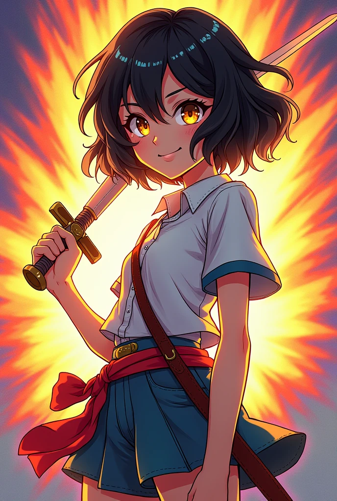 demon slayer comic, a smiling girl with a sword in her hand with aura in the background, yellow eyes, short black wavy hair, skin fair.