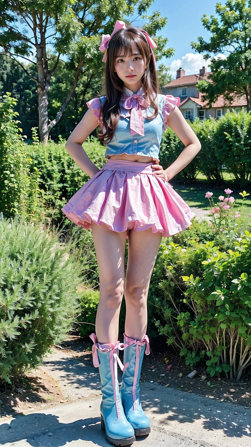 (8k、RAW Photos、Highest quality、masterpiece:1.2)、(Realistic、Realistic)、1 person、((Light blue and pink、Sequins、garden、ribbon、Frills、mini skirt、Thin legs、whole body、boots、View from the front、Looking into the camera、Stand with hands on hips))、cute