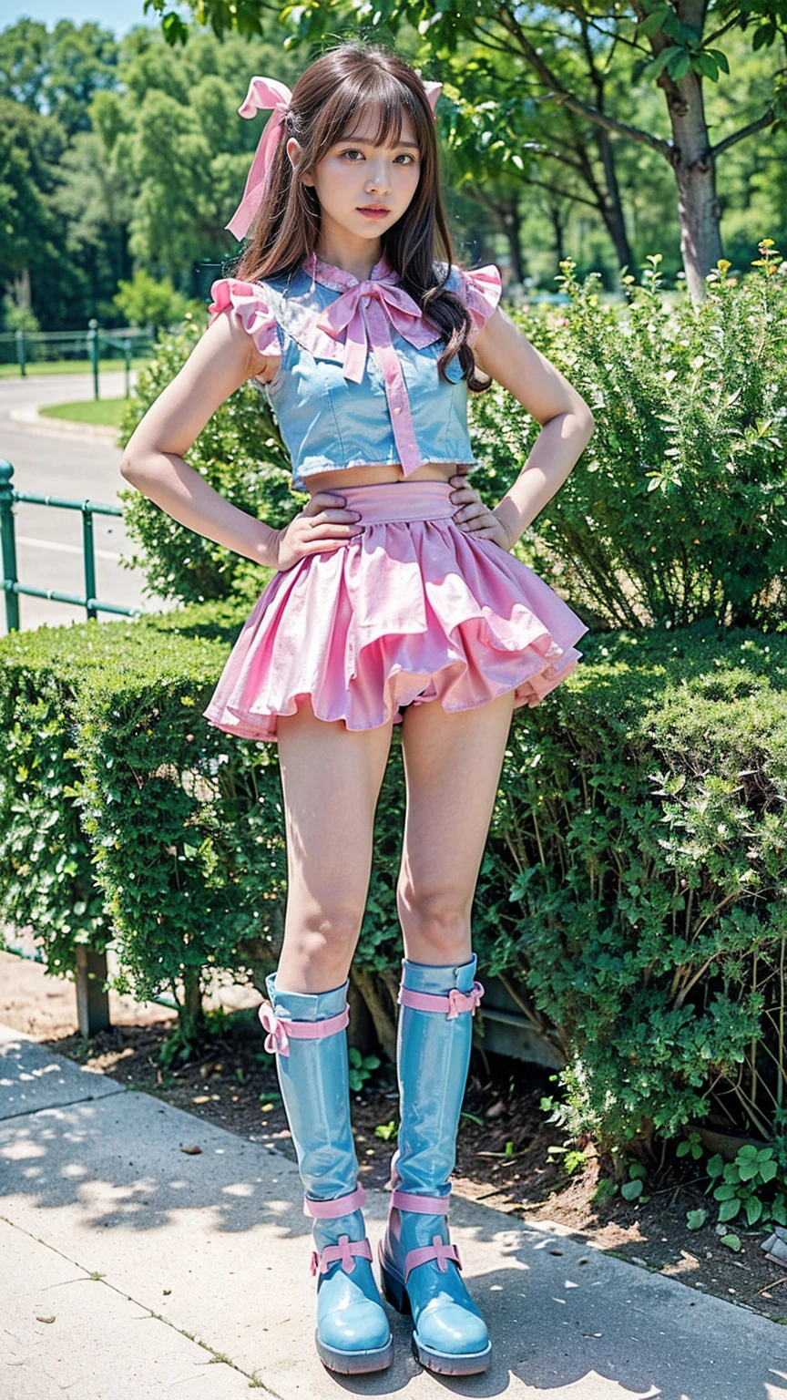 (8k、RAW Photos、Highest quality、masterpiece:1.2)、(Realistic、Realistic)、1 person、((Light blue and pink、Sequins、garden、ribbon、Frills、mini skirt、Thin legs、whole body、boots、View from the front、Looking into the camera、Stand with hands on hips))、cute