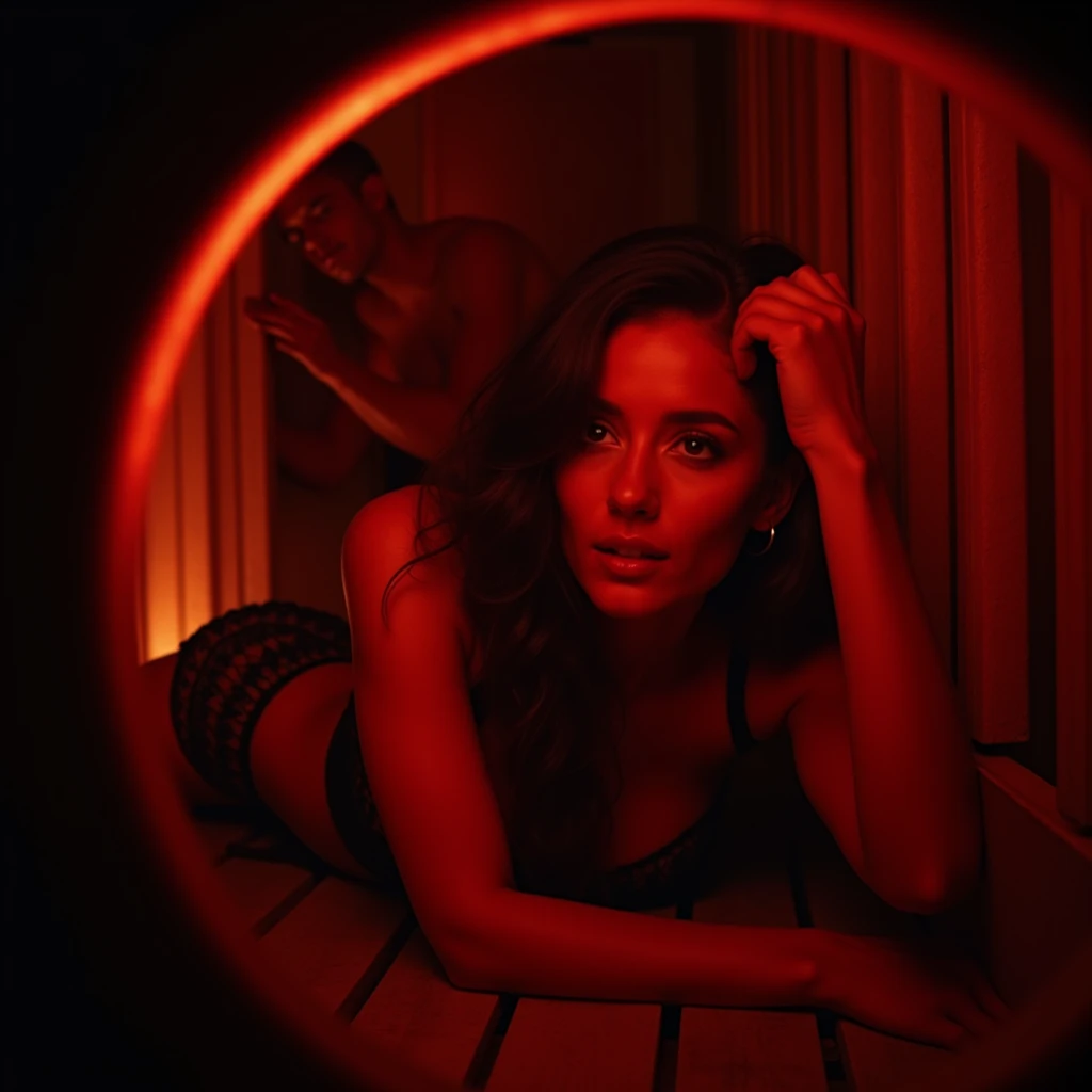 The photo is taken through a hole, where on the other side there is a narrow dark cabin, with red light, a woman crawling sensually to look through the hole. O buraco é redondo estreito tenebrosa do tipo glory, tenebrosa, Its width only fits a woman's hand. The woman has an expression of expecting some surprise to come out of there.. The glory hole is at the height of the woman's face. she's without a bra, wearing lingerie panties. is extremely beautiful, delicious, daring, safada. And a man without clothes, touching the woman. The woman is excited, with the naughty smile. The woman is in a narrow cabin, with red light. In the narrow cabin there is also a shirtless man