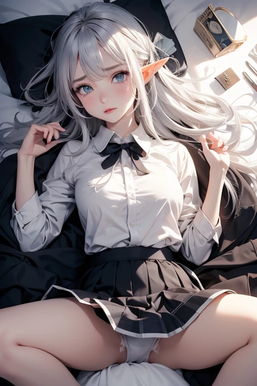 Elf, Silver Hair, At the hotel, Lying on a bed and crucified, school uniform, White shirt, skirt, Open your mouth, Raise your hands above your head, Crying face, Small breasts, Spread your legs