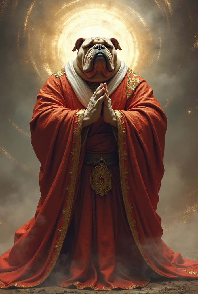 Bulldog God in robe praying 
