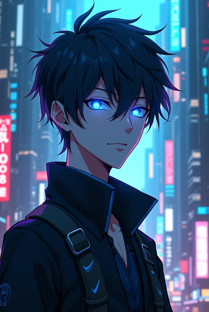 20 year old anime boy with glowing blue eyes make it like Cyberpunk anime character