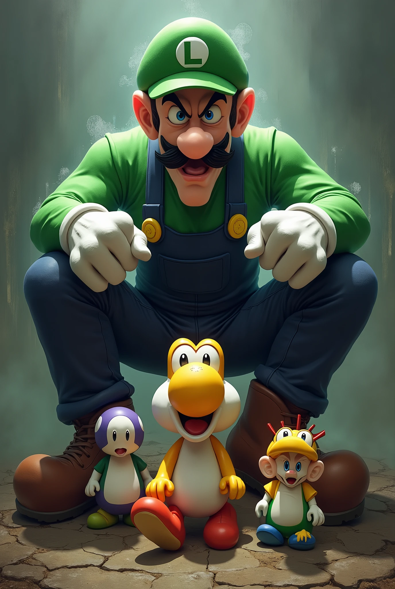 Luigi mechant qui s’assoit sur les personnages de Yoshi, Daisy, Boo et Goomba