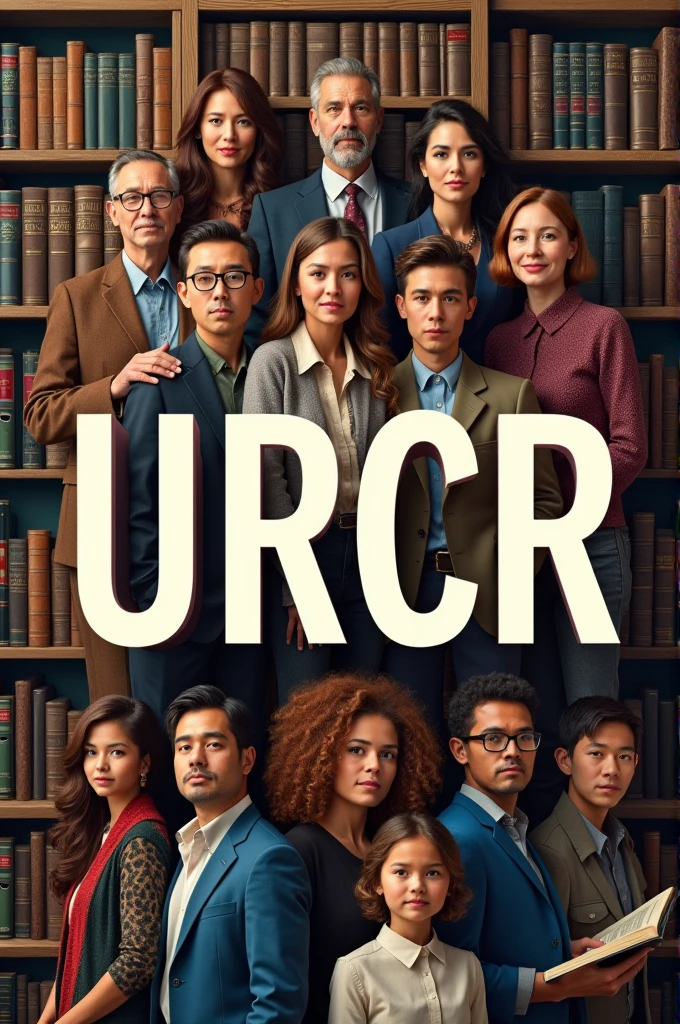 Create a picture with the letters "URCR" (In uppercase) and in the background there are books and people