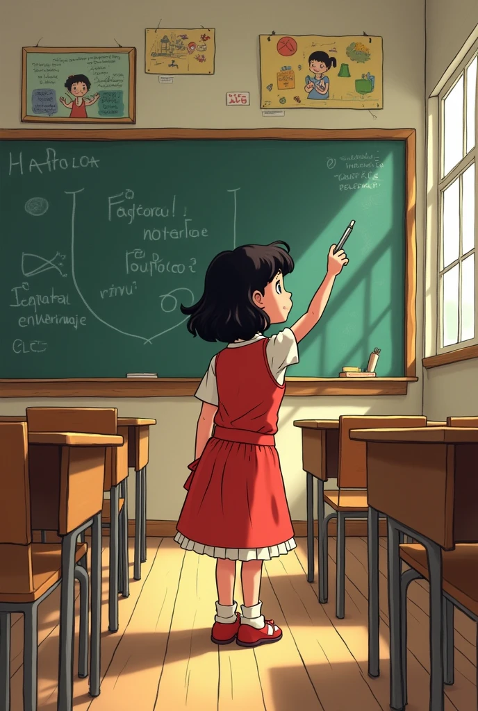 Mafalda in the classroom pointing at the blackboard