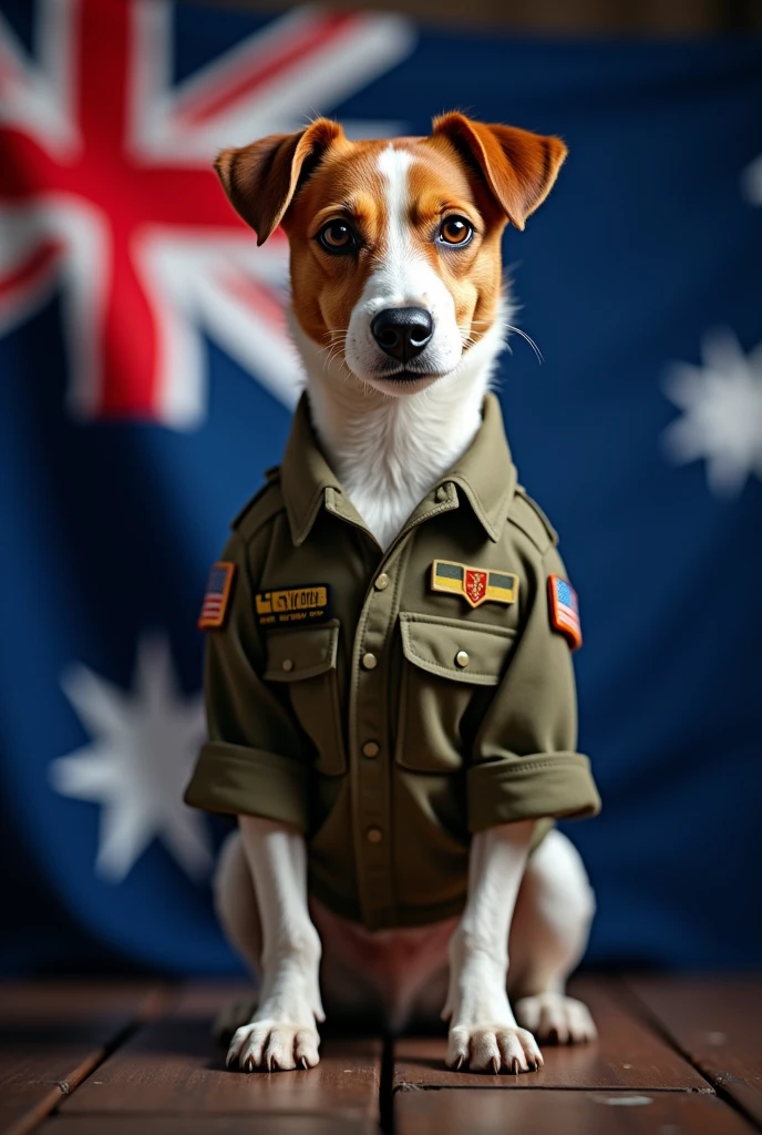 Soldier jack Russell's in front of flag Australia 