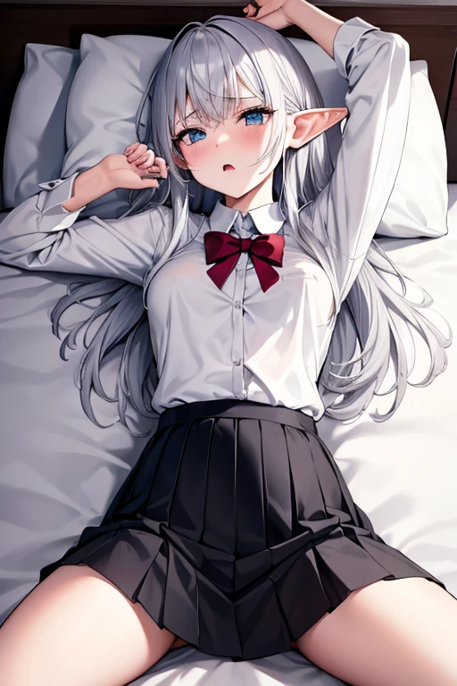 Elf, Silver Hair, At the hotel, Lying on a bed and crucified, school uniform, White shirt, skirt, Open your mouth, Raise your hands above your head, Crying face, Small breasts, Spread your legs, I wear clothes