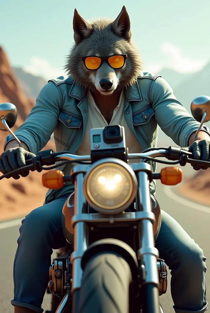 Create a biker werewolf with a white shirt and a light blue denim jacket on top., who drives a chopper style motorcycle. Also add some yellow glasses for myopia. And he has a Go Pro recording it so he can upload videos to YouTube.