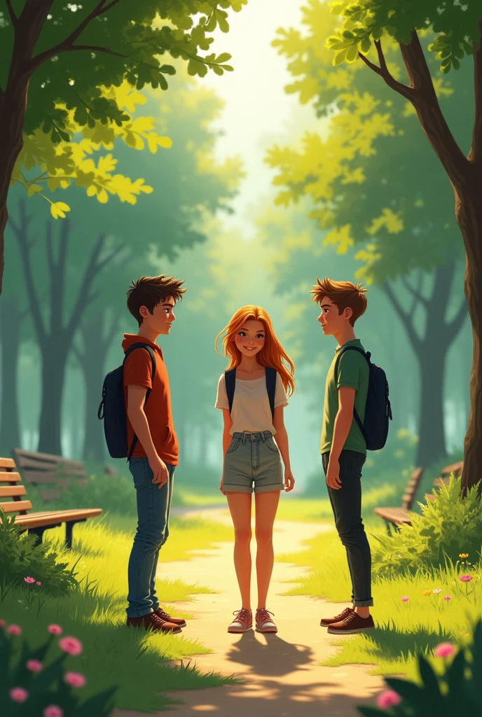 Lily arrived shortly after, her smile radiant as always. She greeted them warmly, but Jack and Alex could barely manage a smile, their initial excitement overshadowed by the awkwardness of the situation. At a park, two teen boys and one teen girl
