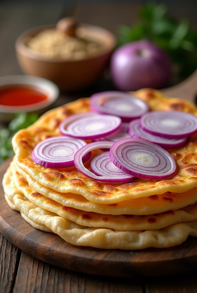 make a big canai roti typical of Malaysia and slices of onion on top that are cut into pieces