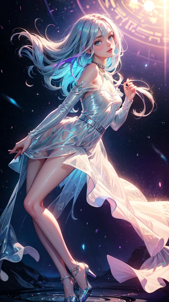 realist, 1 girl, Holographic hair, heterochromic eyes, bright Eyes, holographic dress top, holographic skirt, parted lips, blush, night, White roses, pastel tetradic cores, shine, realistic zodiac, cisney , wet hair,full body,detailed face, detailed hands, full body, long legs