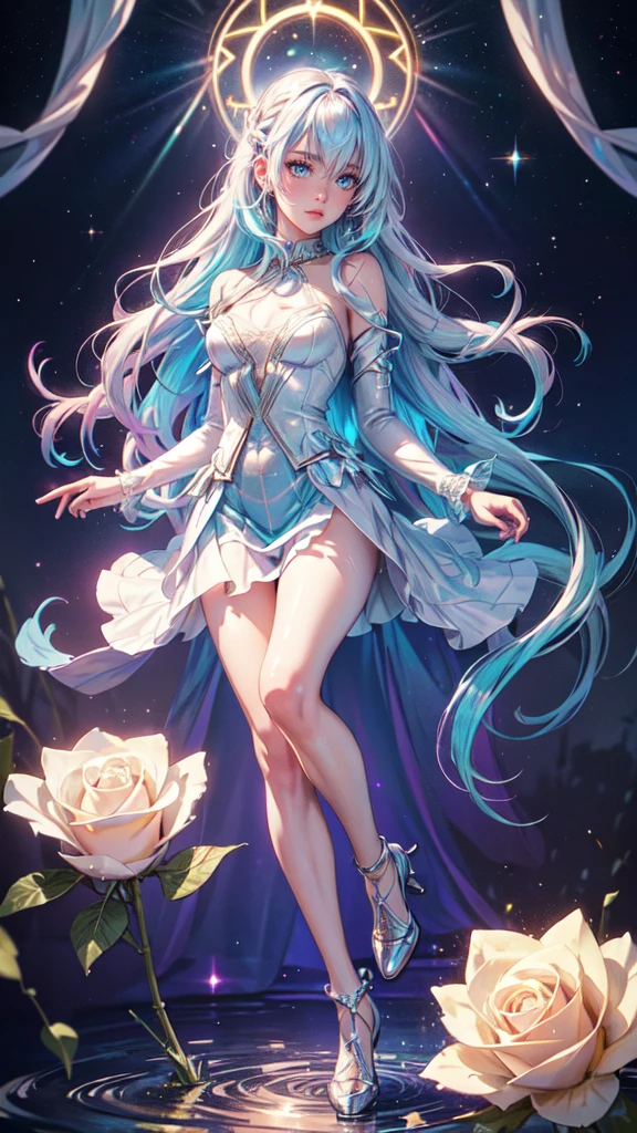 realist, 1 girl, Holographic hair, heterochromic eyes, bright Eyes, holographic dress top, holographic skirt, parted lips, blush, night, White roses, pastel tetradic cores, shine, realistic zodiac, cisney , wet hair,full body,detailed face, detailed hands, full body, long legs
