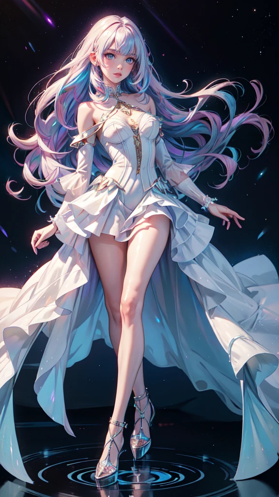 realist, 1 girl, Holographic hair, heterochromic eyes, bright Eyes, holographic dress top, holographic skirt, parted lips, blush, night, White roses, pastel tetradic cores, shine, realistic zodiac, cisney , wet hair,full body,detailed face, detailed hands, full body, long legs
