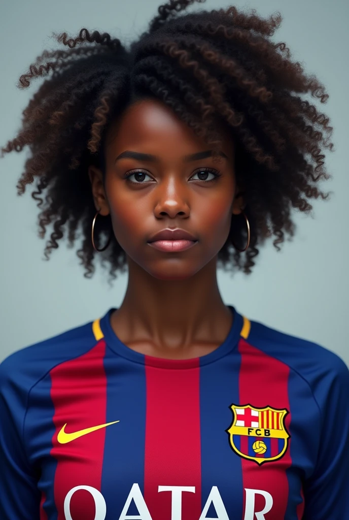 Black curly girl with short hair and Barcelona shirt 