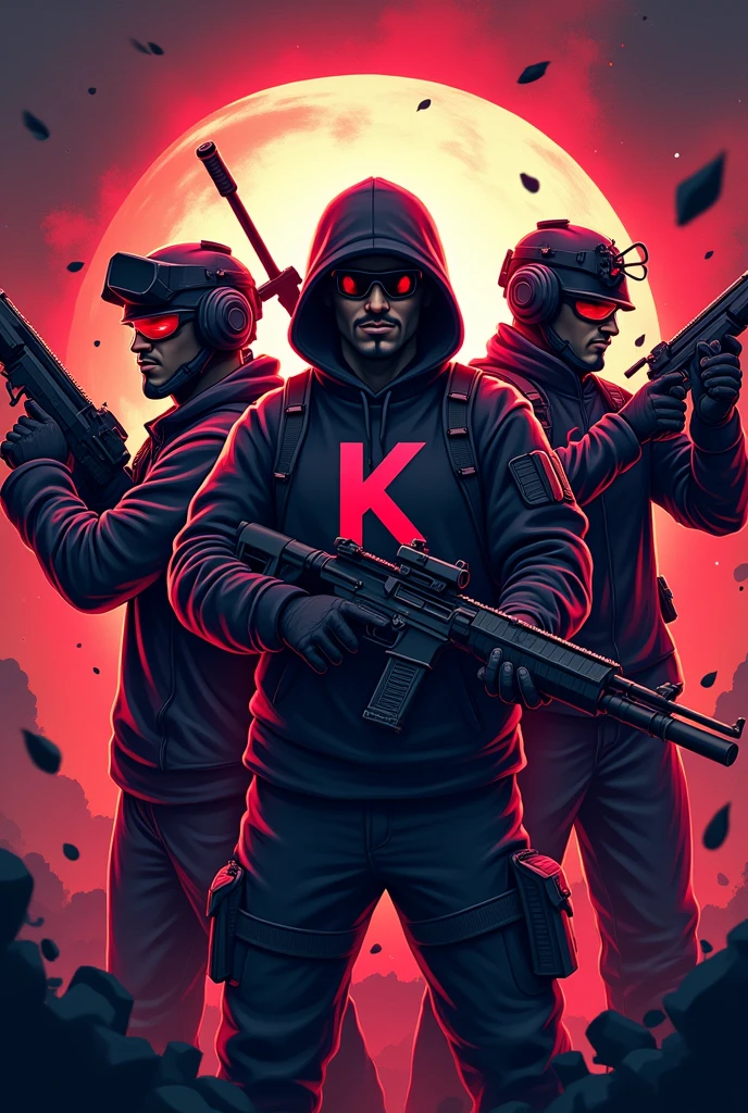 Gamer logo of three people with weapons and initials on their shirts (s)the other one (k) y the other one (D) 
