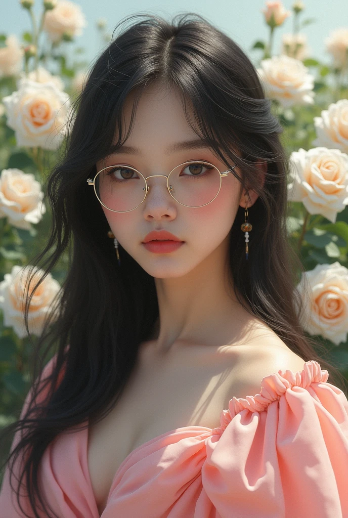 The girl in the picture has long, dark hair that is loose. Her complexion is light. She has full lips and large, round eyes that are partially covered by glasses with thin, round frames. Her face is oval, with delicate features. She is wearing a large pink dress against the background of a field of white roses