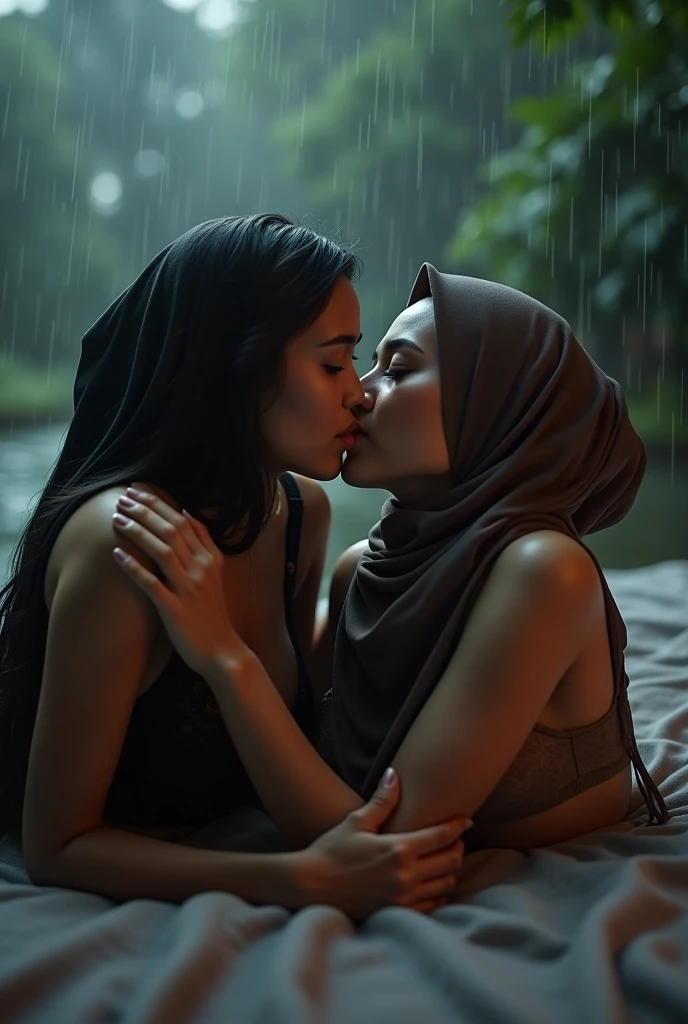 beautiful hijab indonesian lesbian girl laying down,bra and panties,hugging,french kiss,breast grope,view from far,,raining,x