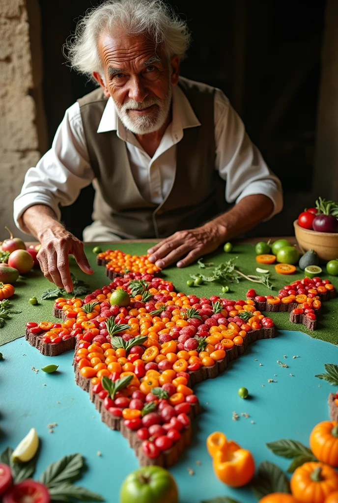 Old man made a beautiful Indian map using fruits and vegetables