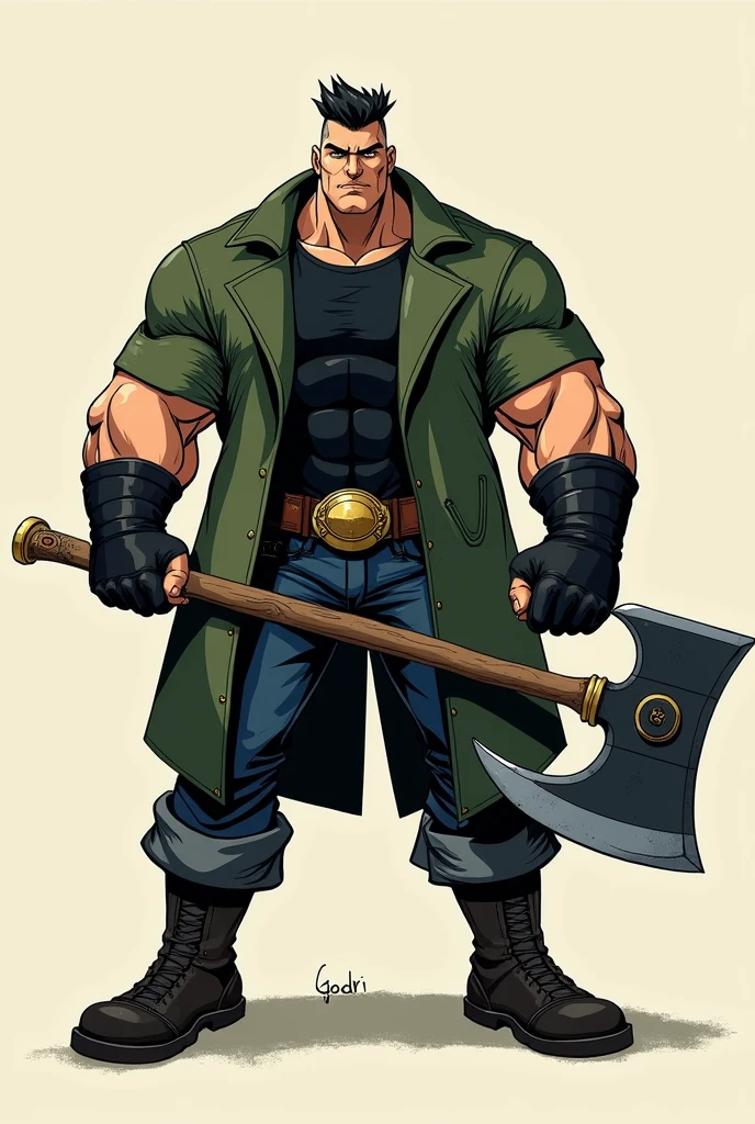 In the Human Comics style, create a character, Godri, a white boy, fat and wide but very strong and muscular, has a determined look and an imposing presence with straight, black hair combed upwards. He wears a short moss green coat and a black shirt underneath, dark jeans with round boots and steel toe, wears a black leather glove. He holds in one hand a large steel axe with black ruffs and gold details.