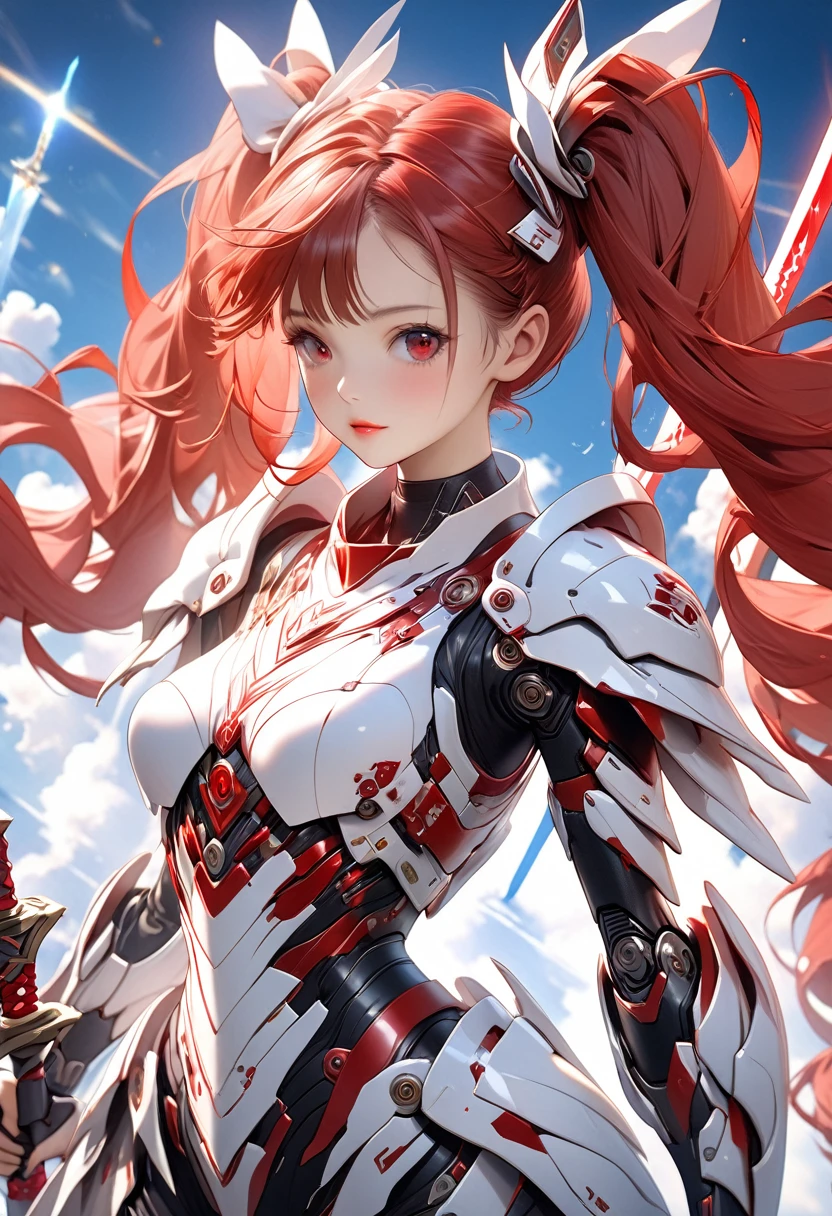 Ultra HD 3dCG concept art, A girl wearing robot armor holds a long sword and flies dynamically through the sky.1girl robot girl with long red hair in twin tails,Red and white mechanical barrette, Very detailed red eyes, Beautiful lips, Breathtakingly beautiful detailed skin,Red and white wearing flashy robotic armor, The stylish depiction and realism of the robot armor, the detailed depiction of the robot armor's mechanisms, the gloss and texture of the surface,(holding a long red and white sword:1.5). Accurate depiction of the hand holding the sword,The highly detailed patterns and shapes of the sword, the glow of the sword blade and the red beam emission effect from the blade,flying through a blue sky、Dynamically flying through the sky,Cowboy Shot,High quality, high precision images,(masterpiece, best quality, 4k, 8k.:1.5). Ultra detail, ultra fine painting, 3D rendering, cinematic lighting, vivid color, professional photo resolution, award winning、