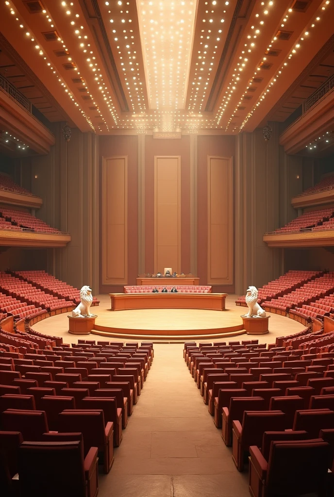 A very huge and wide meeting hall, with many rows and Columns of chairs devided with 7 walk ways,bright light in the building,ceiling with many spot lights, A very wide Huge circular flat stage in the, a white statue of two lions setting on opposite edge of the stage