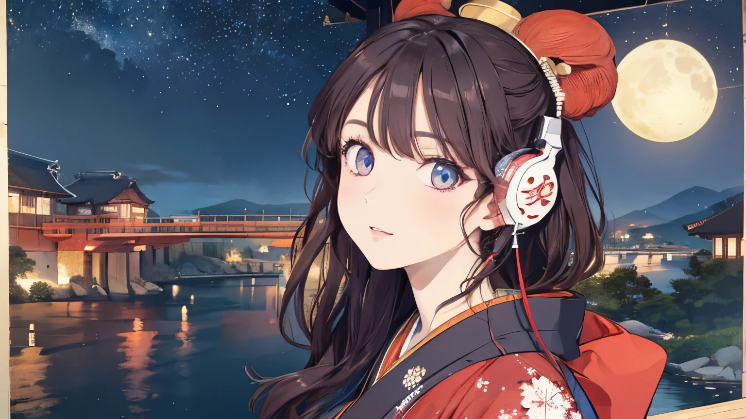 (Highest quality, 8k, masterpiece, High resolution), (whole body), Vibrant colors, ((headphones)), Brown-black bob, Traditional topknot, Ample breasts, (Highly detailed face and eyes, Beautiful Face, Beautiful Eyes, Beautiful nose, Pretty lips), Official Art, Ukiyo-e style, (Beautiful woman in kimono), (Vivid floral patterned kimono), background, river, bridge, Mountain, wood, Starry Sky, moon, Detailed CG,