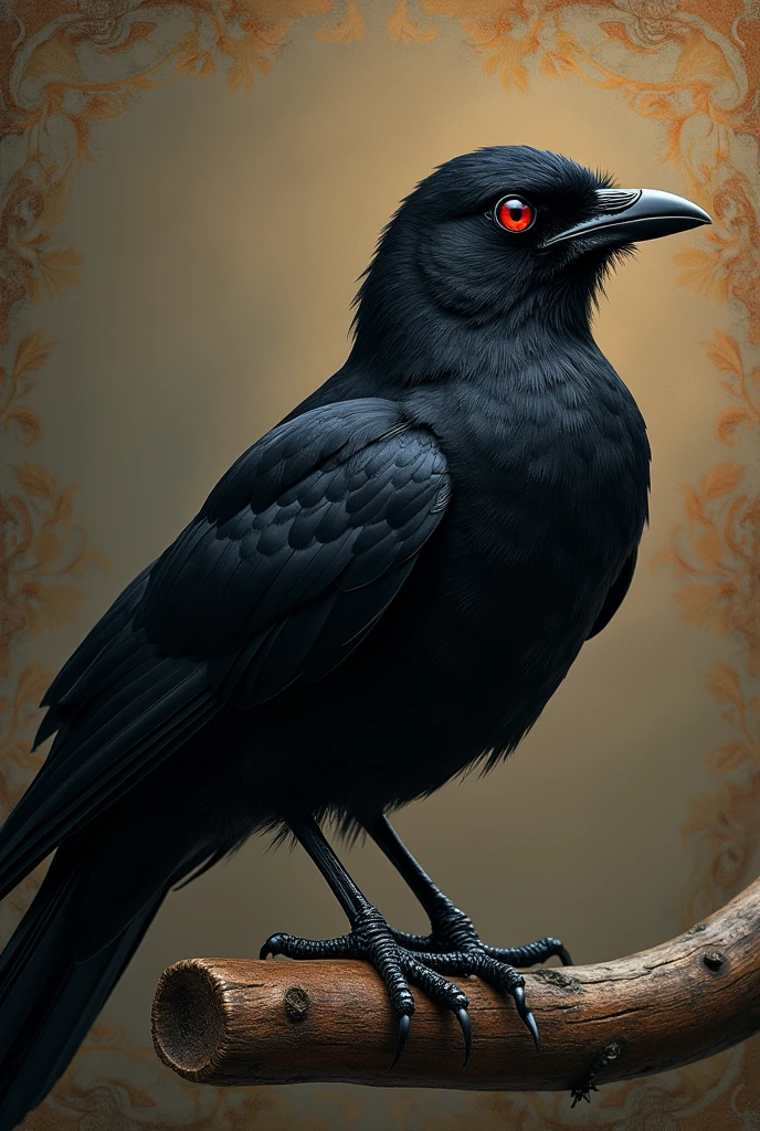 A black bird with a completely red eye on a branch, the bird is about to fly,with patterned background