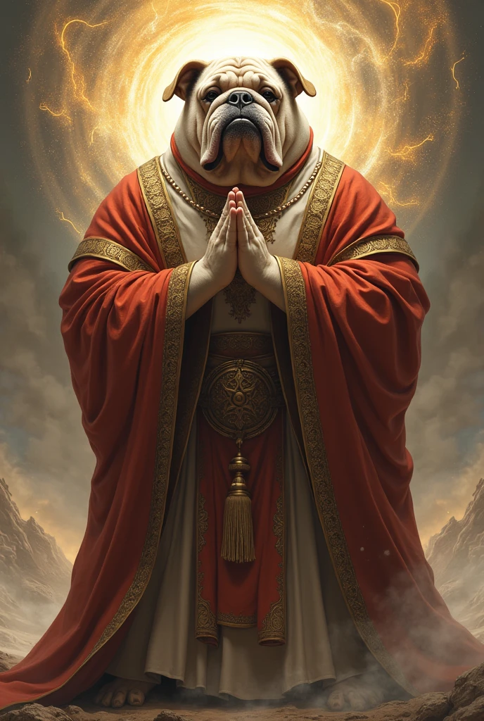 Bulldog God in robe praying