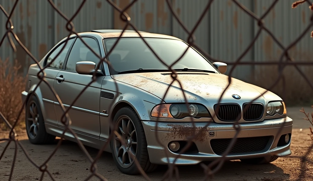 Im Stil von Pixar 3D-Animation filmen. dented and dirty silver BMW E46 Compact behind a chain link fence.