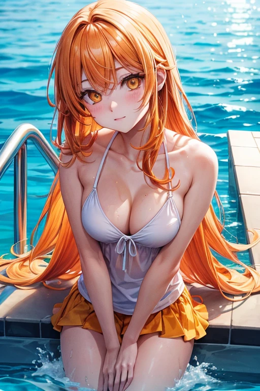 A cute long orange yellow hair orange eyes at the pool