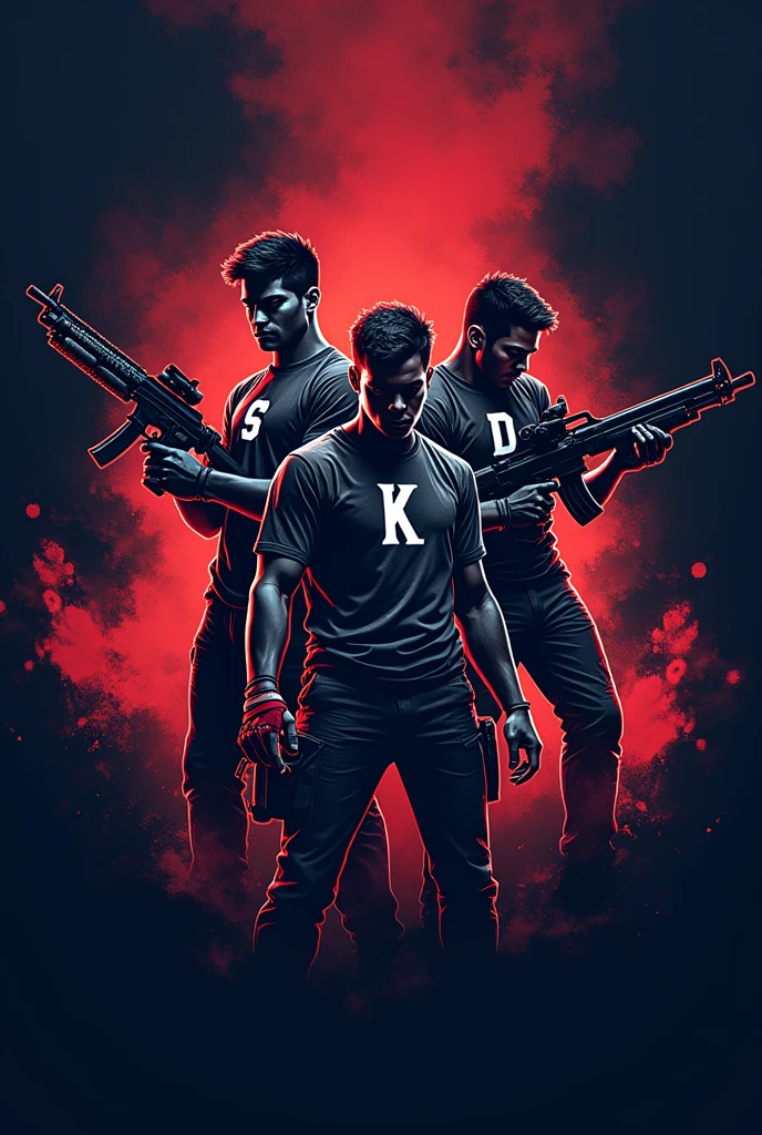 Gamer logo of three people with weapons and initials on their shirts (s)the other one (k) y the other one (D)