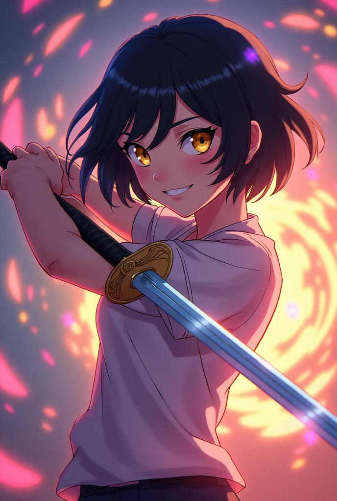 Anime demon slayer, a smiling girl with a sword in her hand with aura in the background, yellow eyes, short black wavy hair, fair skin and teenager.