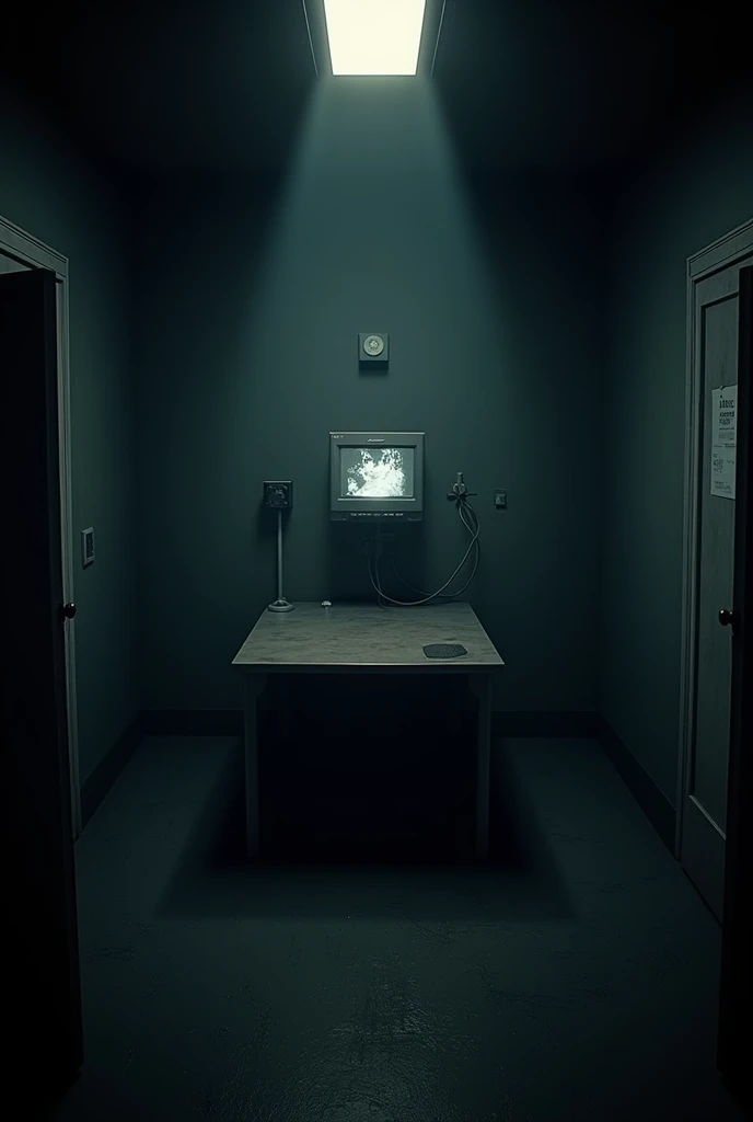 I want you to create images. I'm going to use them in a fnaf fan game I'm making., call "Five Night's at Sandman". Image Description: A dark and gloomy room, with a table and a security monitor on top of it (linked with a static image). There needs to be a half-open door on the sides of the table. (not completely open). Place them on the wall in front of the table., and not on the sides. Important: A DOOR ON EACH SIDE OF THE TABLE! *The image needs to be in first person, as if the camera were a person's eyes* make a realistic image. REMEMBER THE IMAGE IS FOR A GAME/FNAF STYLE FAN GAME!