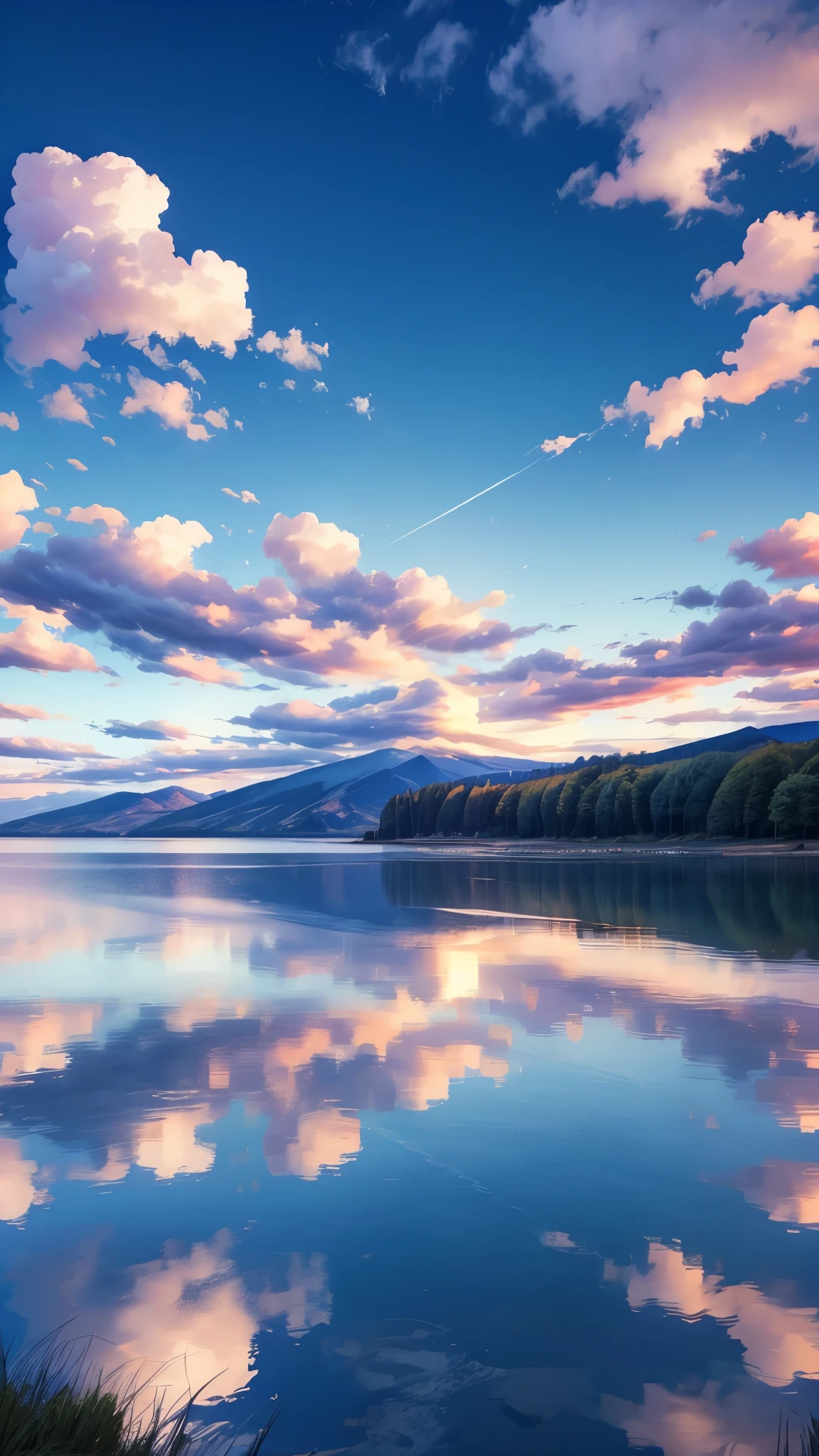 A calm lake,Blue sky,White Cloud,Sunset,best quality,8K,Shock。