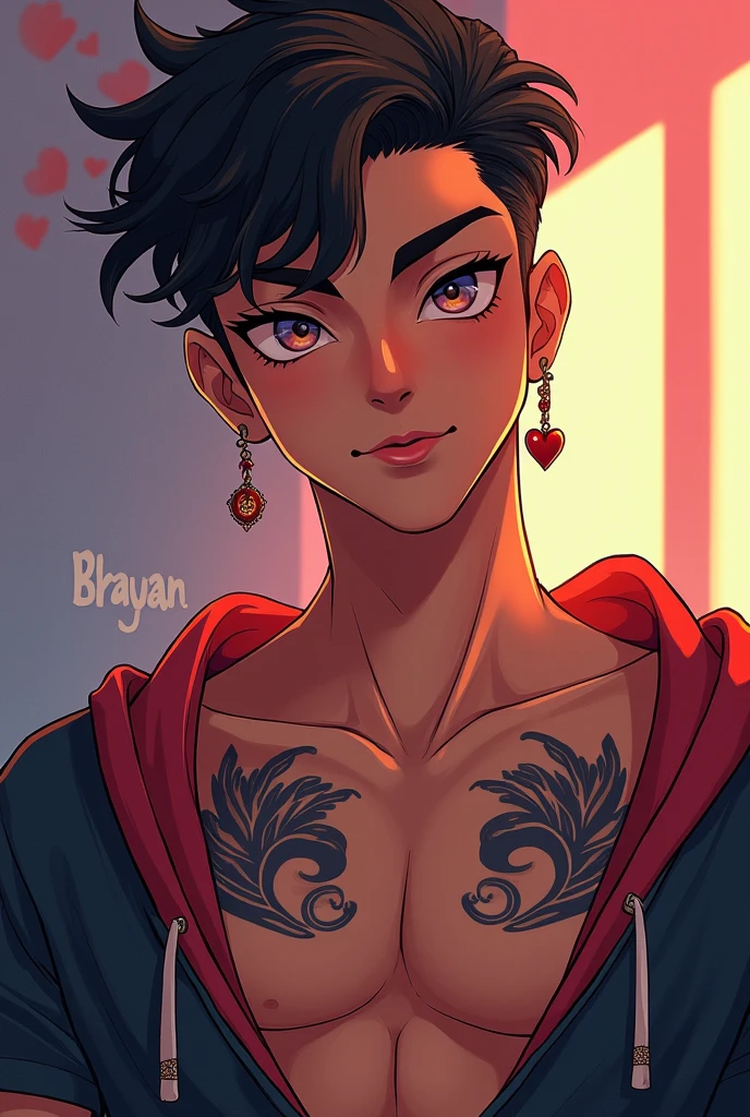 A flirtatious Indian boy with a pretty, masculine earring with a small heart and a glutton tattooed on his chest, saying Brayan, a masculine anime type